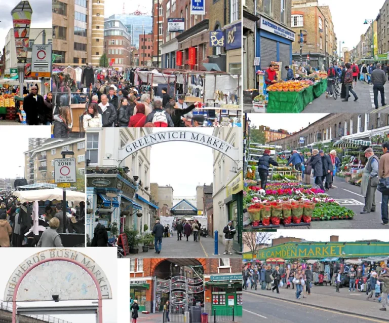 En collage bild över Londons alla spännande marknader.