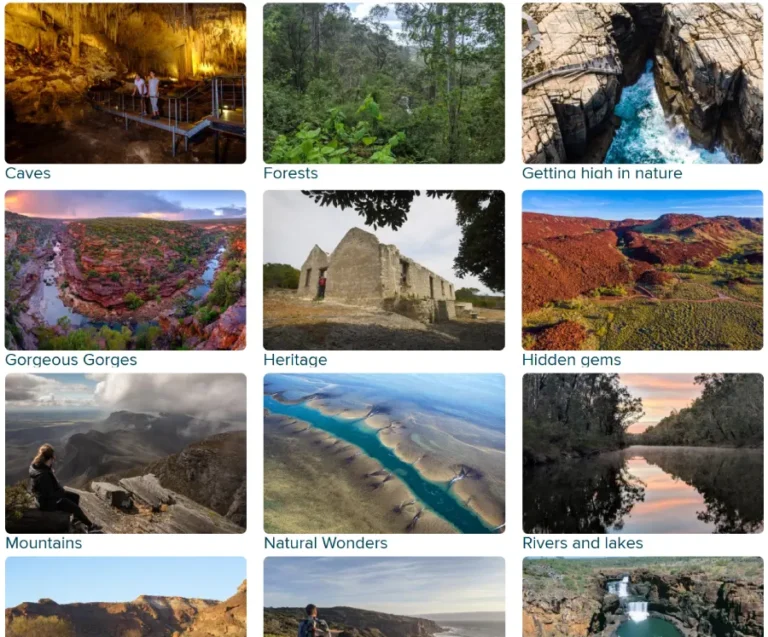 Skärmdump från den officiella nationalparkssajten i Västra Australien med ett collage av olika nationalparker med gratis inträde.
